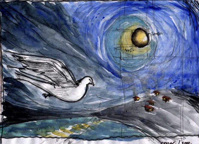 Painting by José Mario Calero Vizcaino. A dove flying over mountains under the sun, symbolizing peace, integration and cultural connection.