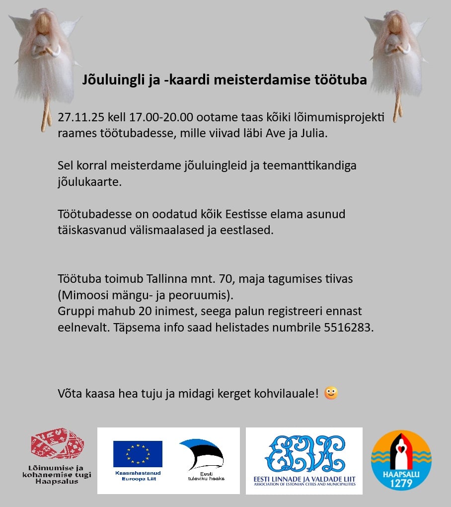 Jõuluinglite ja teemanttikkandiga kaartide meisterdamise töötuba Haapsalus, kuhu on oodatud Eestisse elama asunud inimesed.