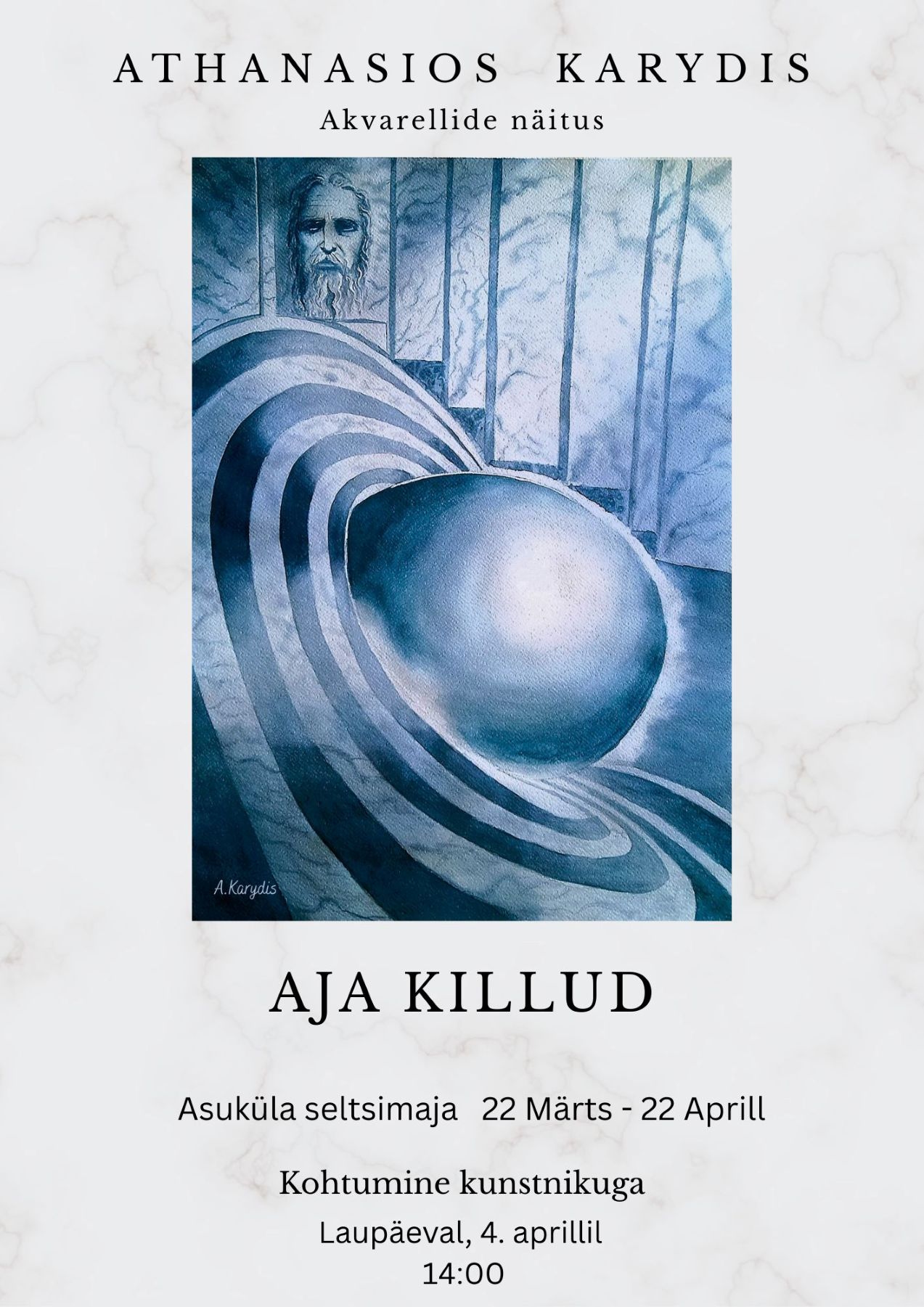 Athanasius Karydise akvarellmaal „Aja killud“ näitus Haapsalus, abstraktne geomeetriline kompositsioon sinistes toonides