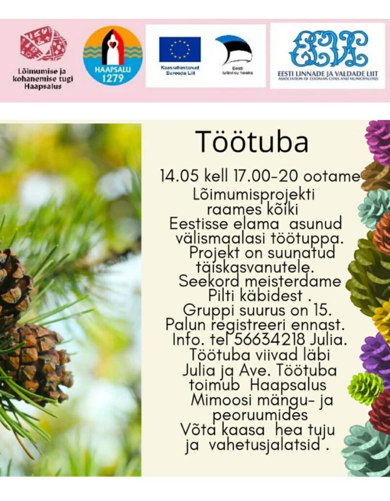 Lõimumisprojekti käsitöö töötuba täiskasvanutele Haapsalus – pildi meisterdamine käbidest.